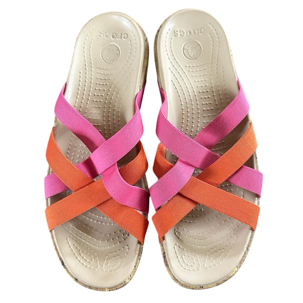 CROCS | Women's Pink/Orange Canvas Crisscross Slide Sandals Faux Cork Heel Sz 11